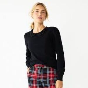 Draper James Black Crewneck Sweater with Beaded Collar
